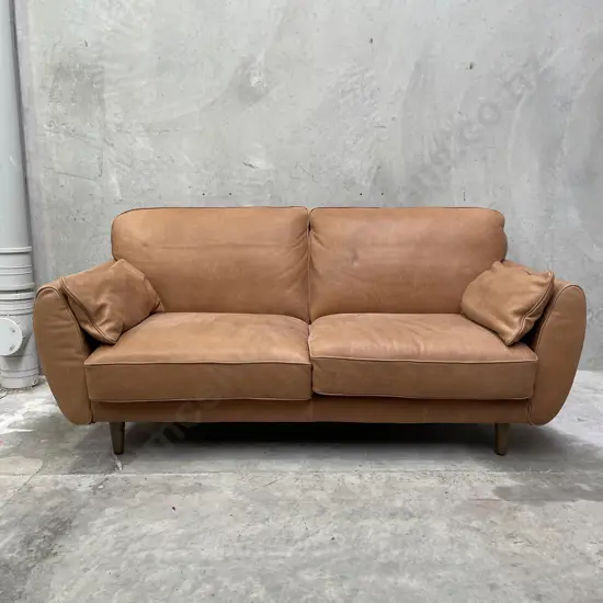 Freedom Furniture "Finn" Sofa. Hand dyed Camel Leather 3 Seater Sofa. L1.9m H87cm D1m