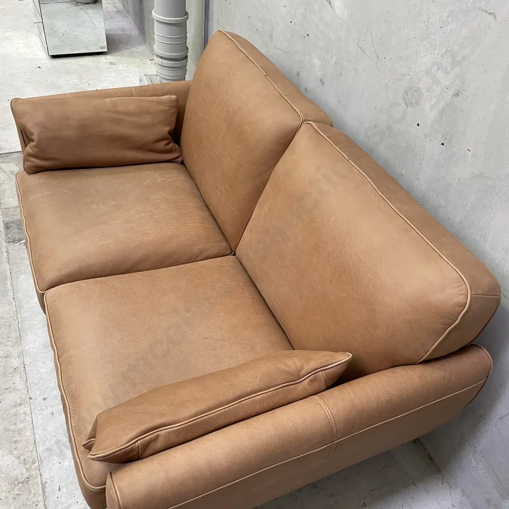 Freedom Furniture "Finn" Sofa. Hand dyed Camel Leather 2 Seater Sofa. L1.7m H87cm D1m Image 1++