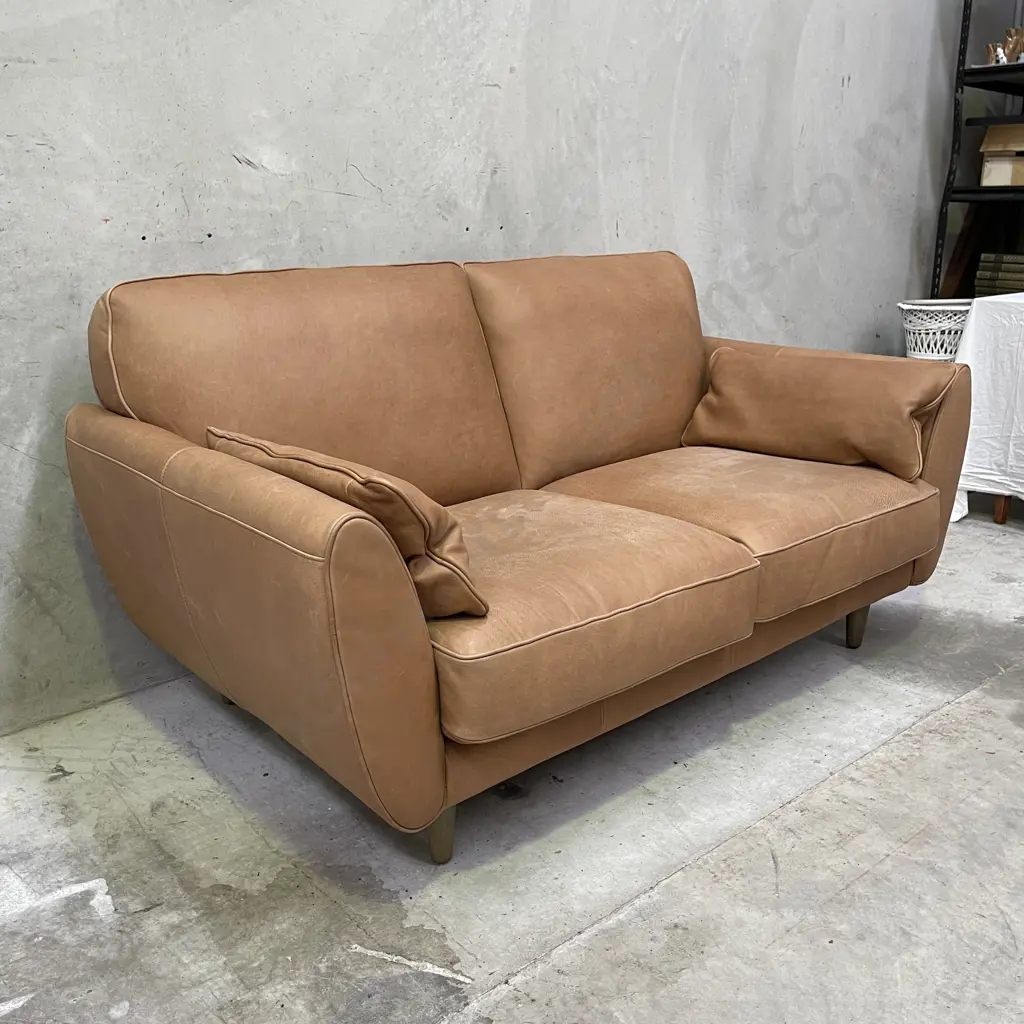 Freedom Furniture "Finn" Sofa. Hand dyed Camel Leather 2 Seater Sofa. L1.7m H87cm D1m Image 1++