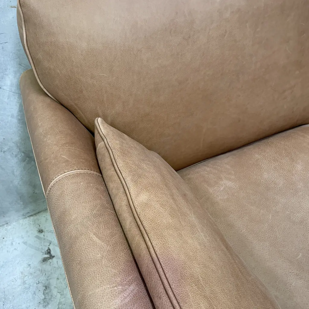 Freedom Furniture "Finn" Sofa. Hand dyed Camel Leather 2 Seater Sofa. L1.7m H87cm D1m Image 1++