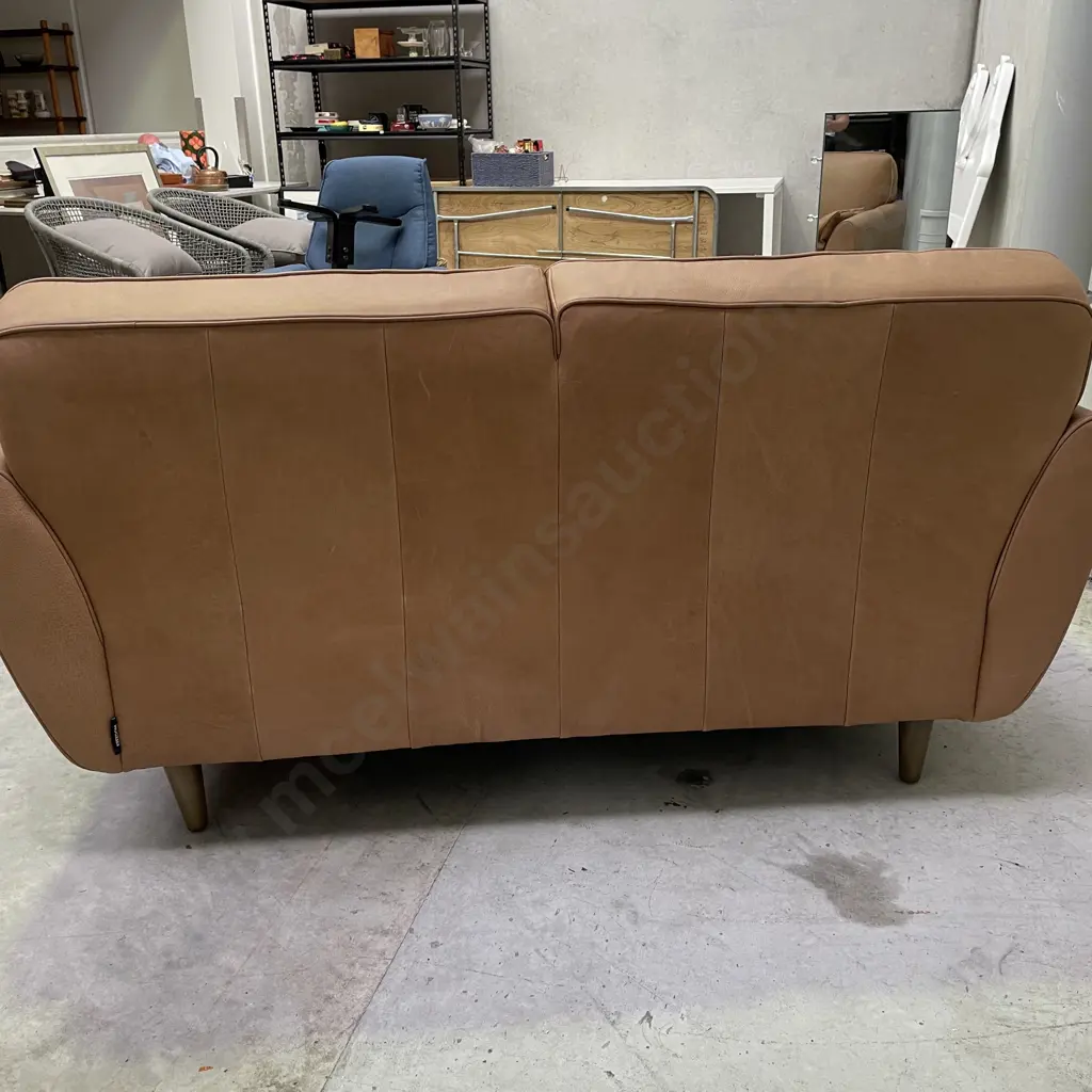 Freedom Furniture "Finn" Sofa. Hand dyed Camel Leather 2 Seater Sofa. L1.7m H87cm D1m Image 1++