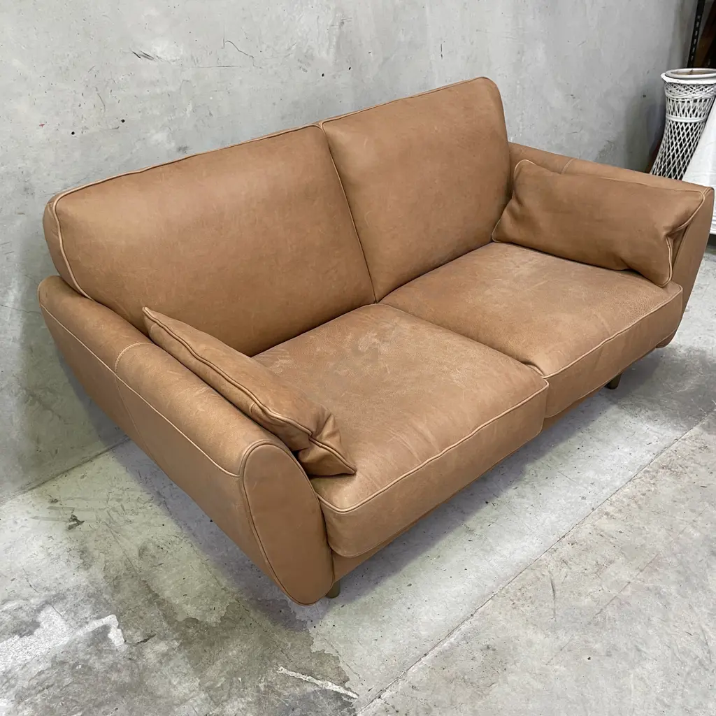 Freedom Furniture "Finn" Sofa. Hand dyed Camel Leather 2 Seater Sofa. L1.7m H87cm D1m Image 1++