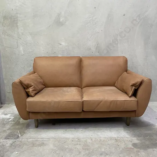 Freedom Furniture "Finn" Sofa. Hand dyed Camel Leather 2 Seater Sofa. L1.7m H87cm D1m