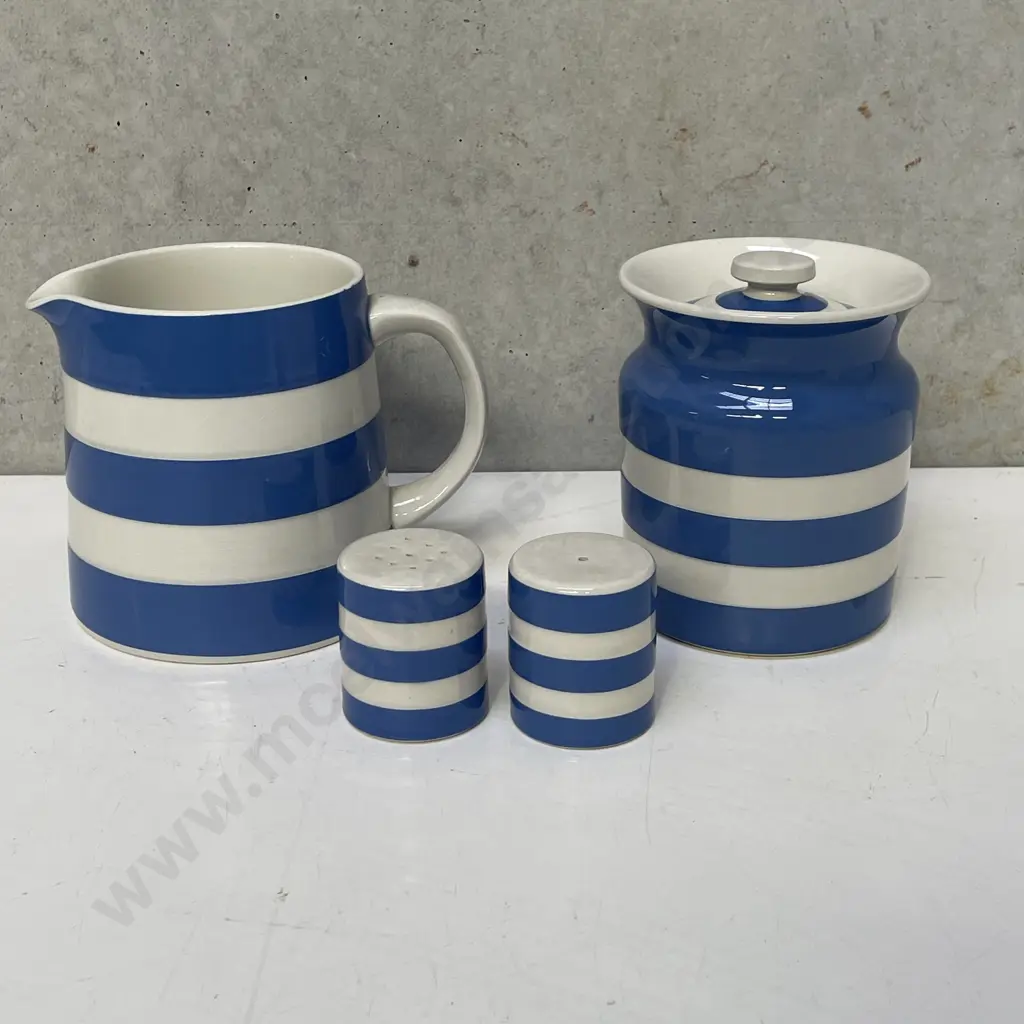 Cornish Ware (TG Green) Jug, Lidded Cannister and Salt and Pepper Shakers Image 1++