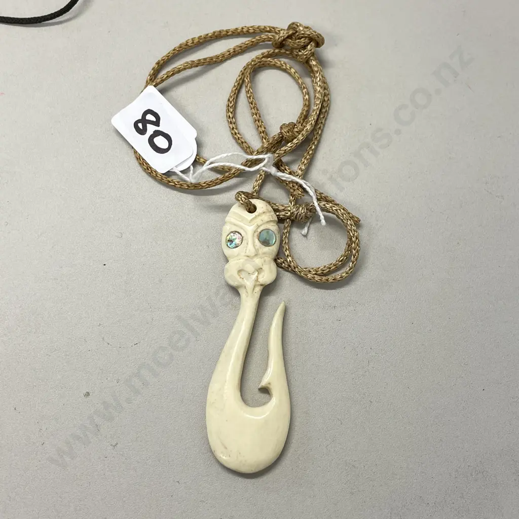 Carved Bone Fish Hook with Paua eyes on Rope Chain Image 1++