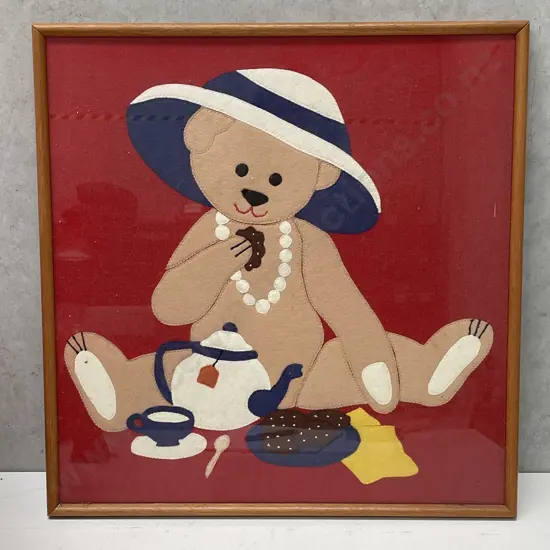 Framed Applique Artwork of Teddy Bear. 51 x 52cm