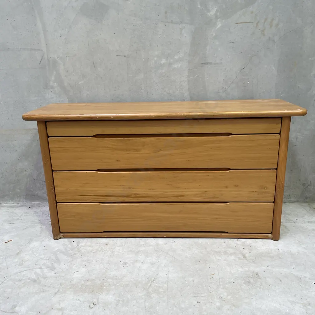 Mid Century Styled Solid Wood 4 Drawer Low Boy. H71 W138 D45cm Image 1++