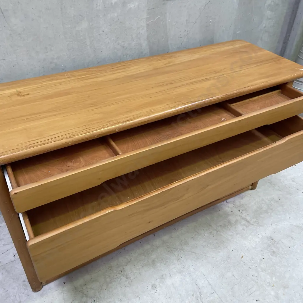 Mid Century Styled Solid Wood 4 Drawer Low Boy. H71 W138 D45cm Image 1++