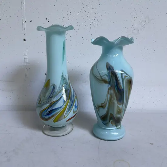 Mid Century Snowflake Art Glass Vases H21 & 19cm
