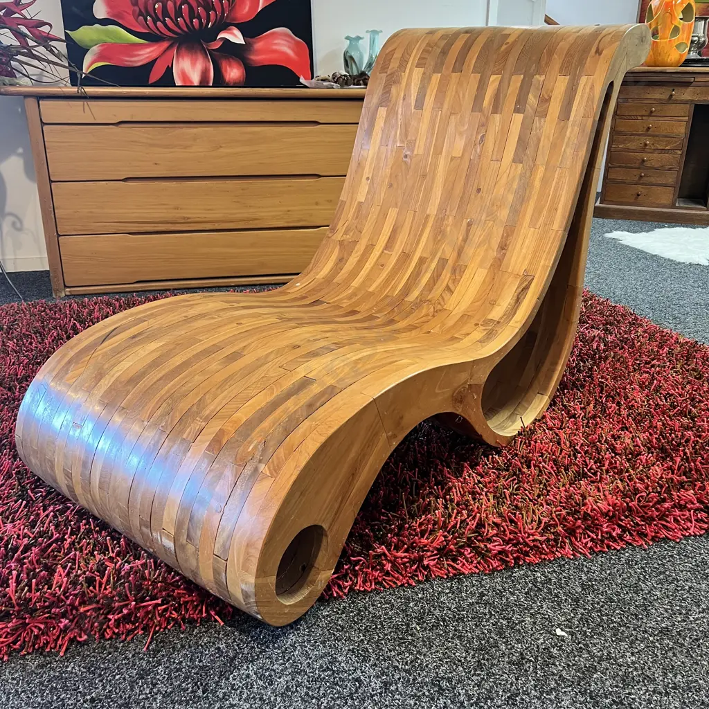 Funky Mid Century Style Solid Wood Curvese Chair. H83 L125 W59cm Image 1++