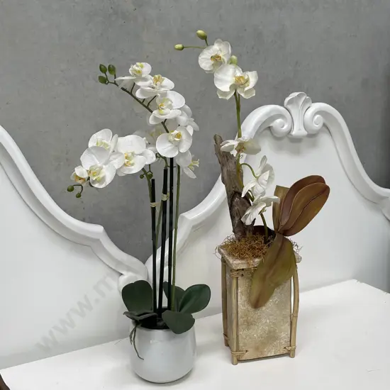 2 Ornamental Faux Orchid Potted Plants. H75 and H70cm