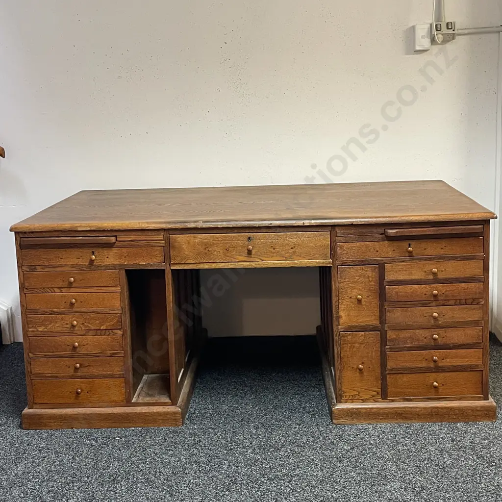 Antique English Solid Oak Directors Desk. 18 Drawers, 4 side Doors, 2 trays. H82 W182 D104cm Image 1++