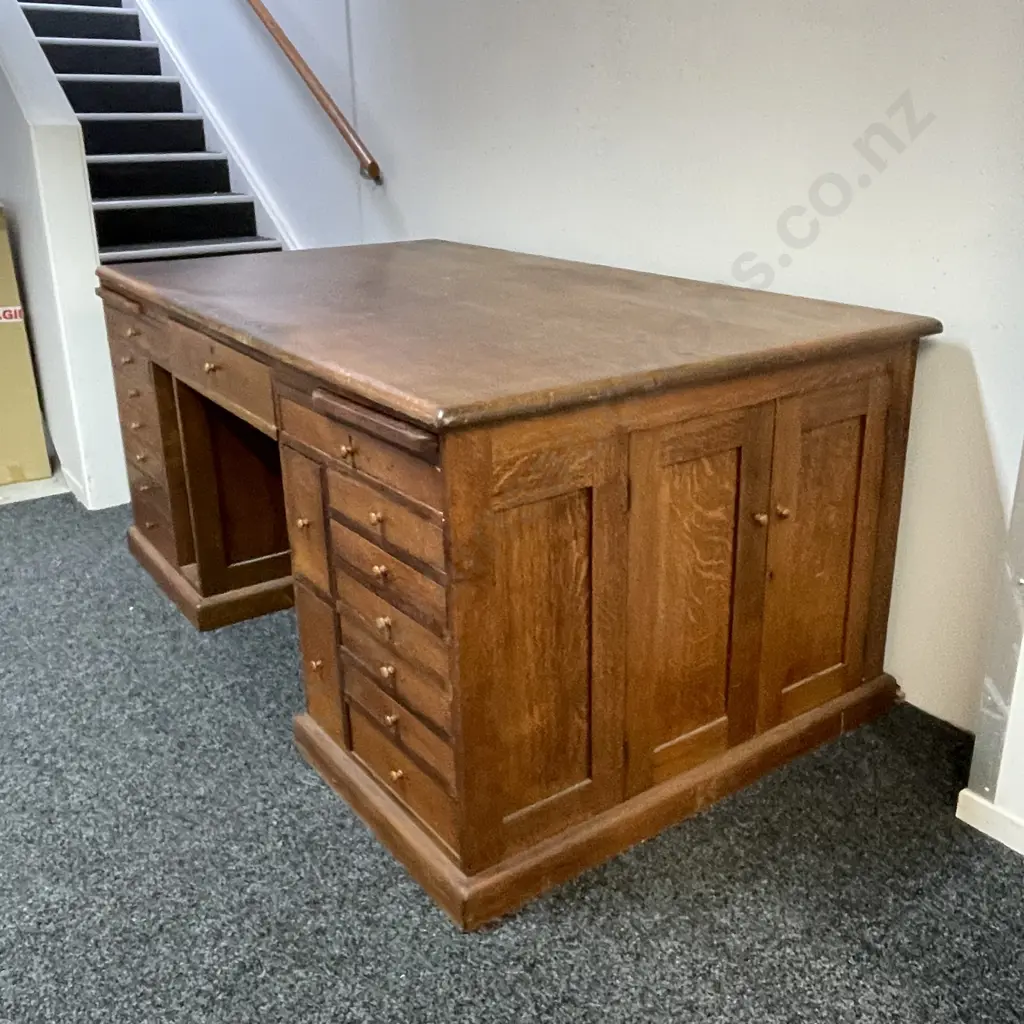 Antique English Solid Oak Directors Desk. 18 Drawers, 4 side Doors, 2 trays. H82 W182 D104cm Image 1++
