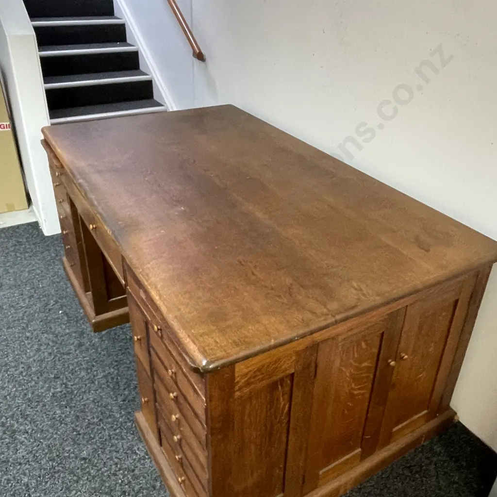 Antique English Solid Oak Directors Desk. 18 Drawers, 4 side Doors, 2 trays. H82 W182 D104cm Image 1++