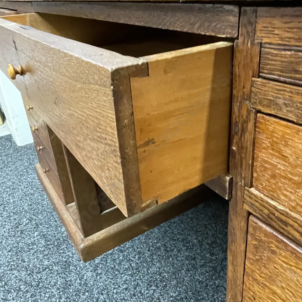 Antique English Solid Oak Directors Desk. 18 Drawers, 4 side Doors, 2 trays. H82 W182 D104cm Image 1++