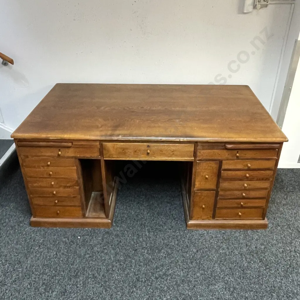 Antique English Solid Oak Directors Desk. 18 Drawers, 4 side Doors, 2 trays. H82 W182 D104cm Image 1++