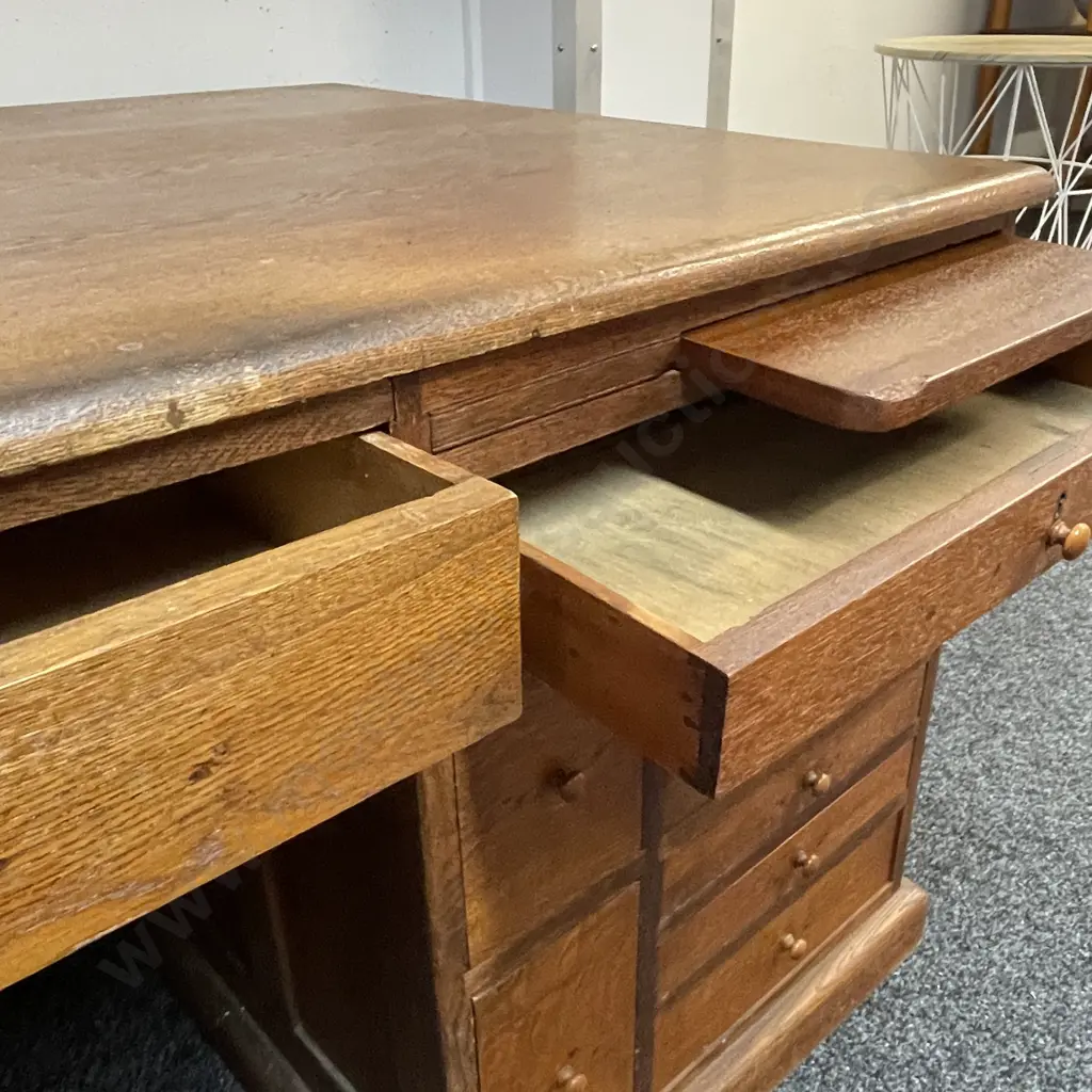 Antique English Solid Oak Directors Desk. 18 Drawers, 4 side Doors, 2 trays. H82 W182 D104cm Image 1++