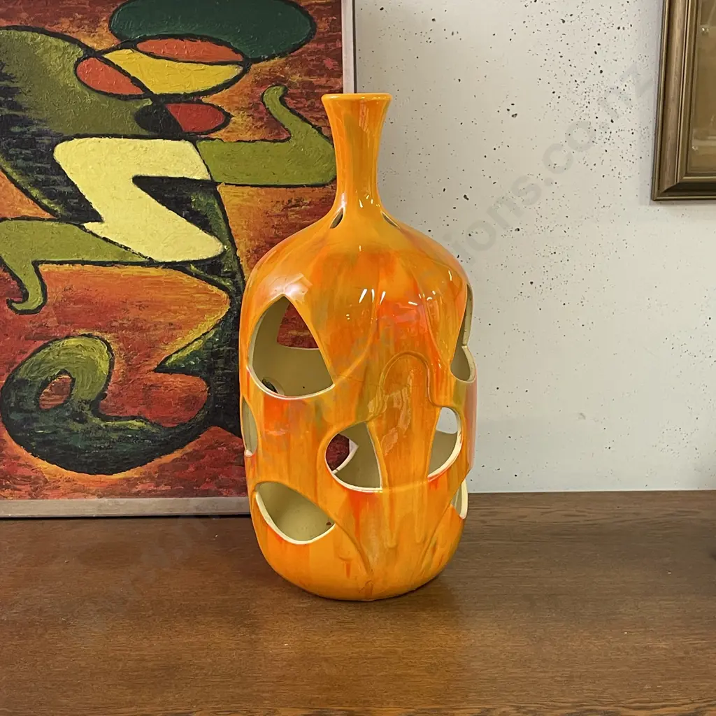 Large Mid Century Ceramic Candle Lantern, Retro Orange Flame Design. H52cm, (repaired) Image 1++