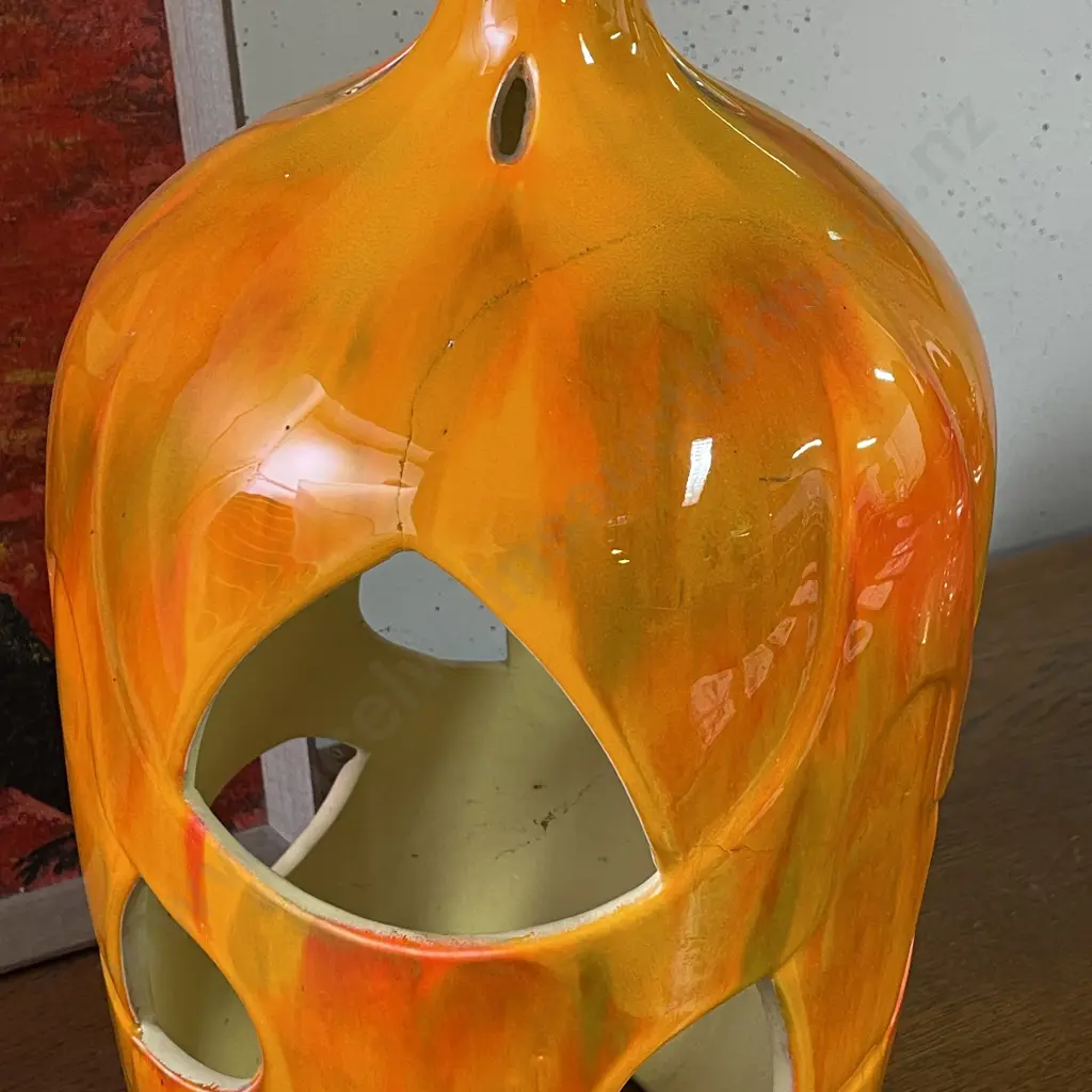 Large Mid Century Ceramic Candle Lantern, Retro Orange Flame Design. H52cm, (repaired) Image 1++