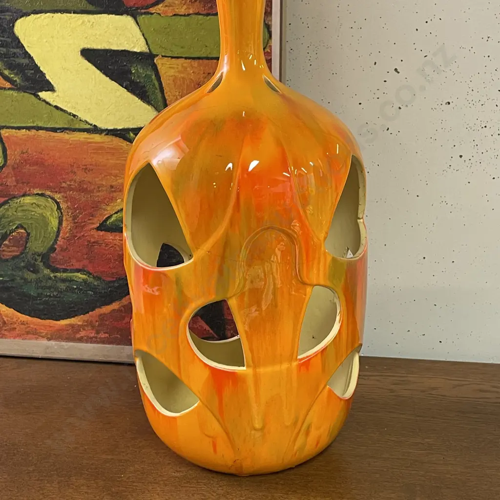 Large Mid Century Ceramic Candle Lantern, Retro Orange Flame Design. H52cm, (repaired) Image 1++