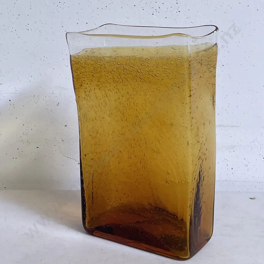 Mid Century Style Amber Art Glass Bubble Vase. Rectangular. H21cm Image 1++