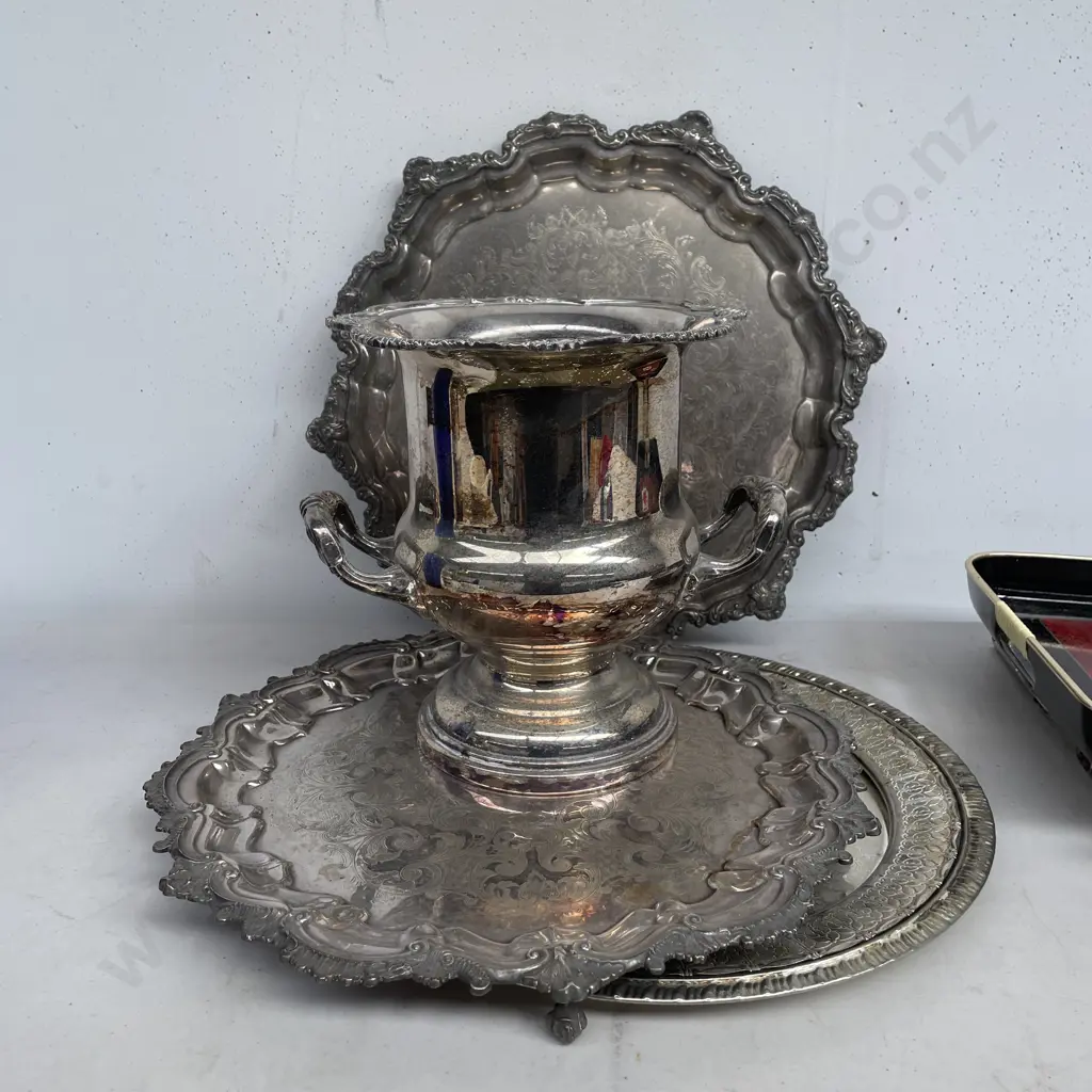 Three Large Vintage Silver Trays with Large 2 handled Urn Image 1++