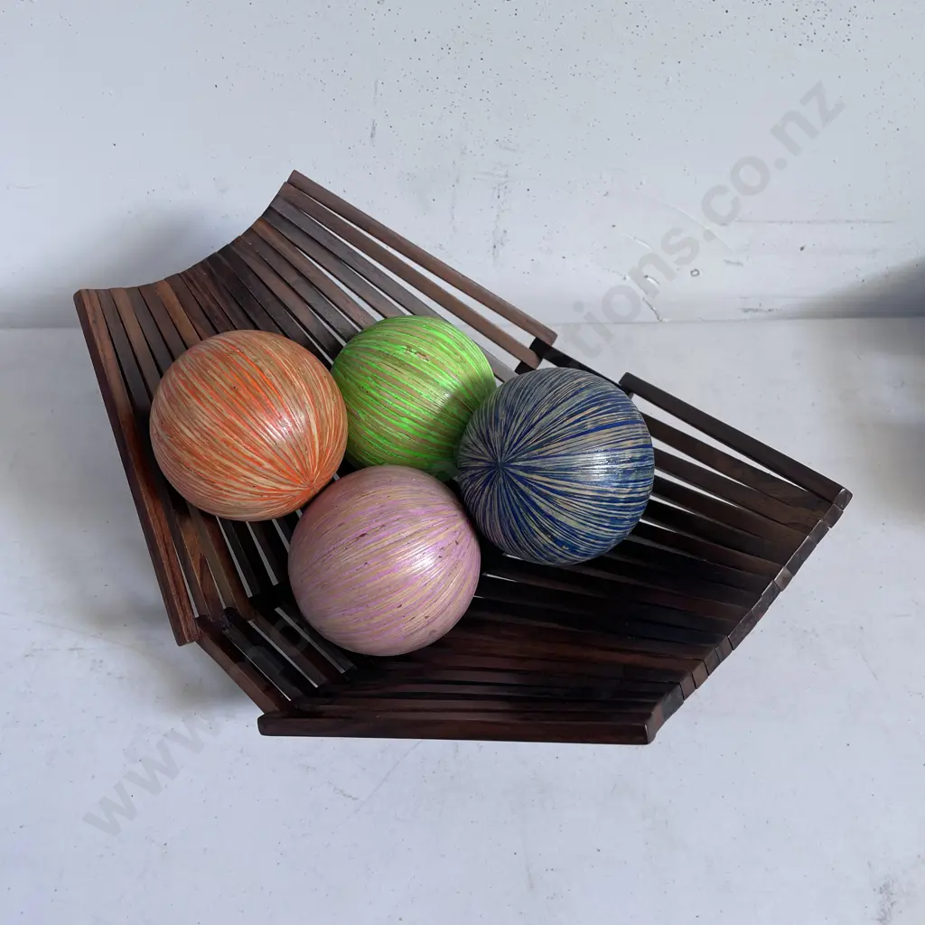 Mid Century Folding Wooden Bowl with 4 Decorative Wooden Balls Image 1++