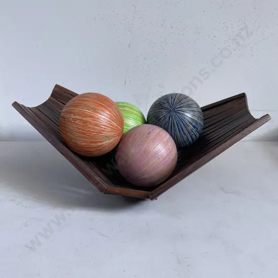 Mid Century Folding Wooden Bowl with 4 Decorative Wooden Balls