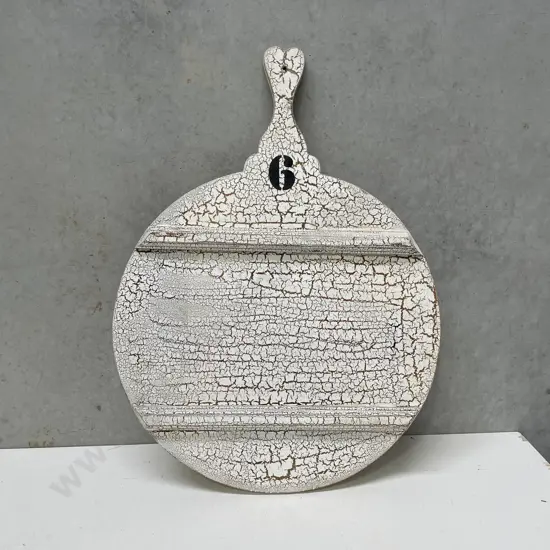 Extra Large White washed Crackle Design Wooden Bread Board. Dia57cm