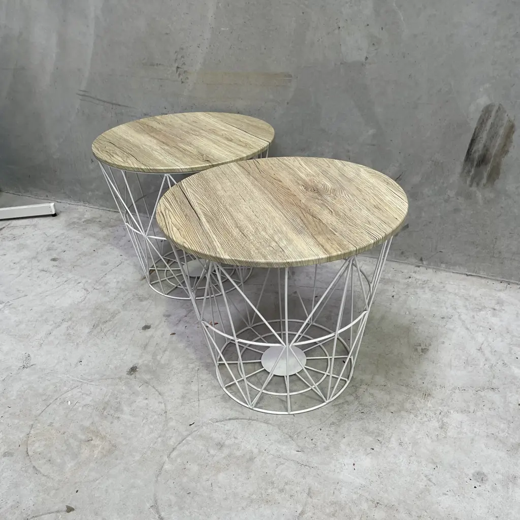 Pair of Modernist Bedside Tables. White painted Metal Frame with Blonde wood look top H42 Dia38cm Image 1++