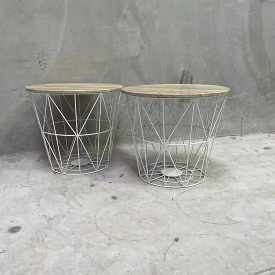 Pair of Modernist Bedside Tables. White painted Metal Frame with Blonde wood look top H42 Dia38cm
