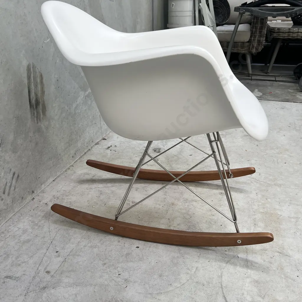 Mid Century Style Eames Molded Plastic, Metal and Wooden Rocking Chair Image 1++