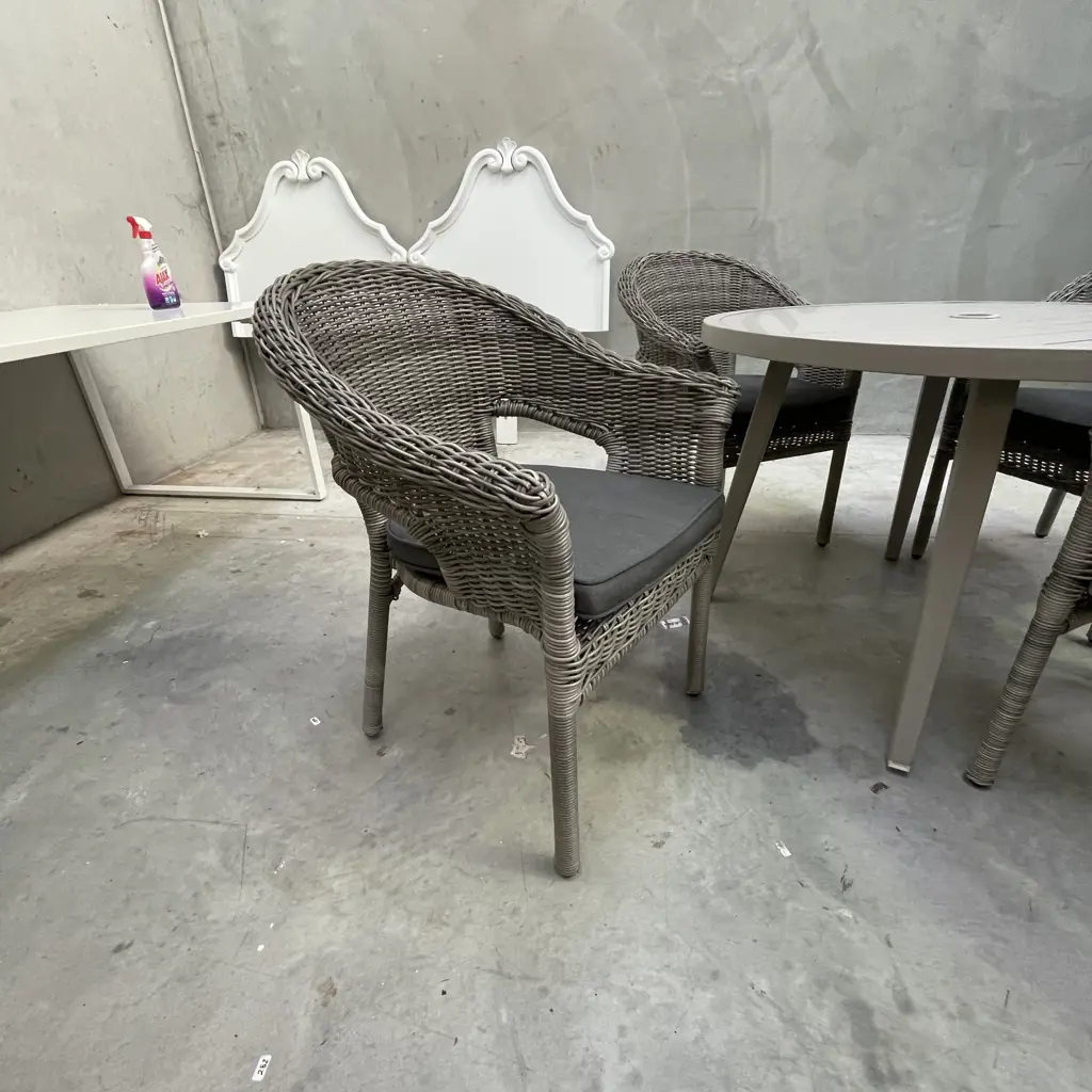 5 Piece Outdoor/Patio Setting. Grey Cane Chairs with squabs. Grey Metal Round Table Dia102cm H73cm Image 1++