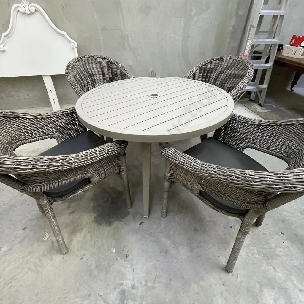 5 Piece Outdoor/Patio Setting. Grey Cane Chairs with squabs. Grey Metal Round Table Dia102cm H73cm Image 1++