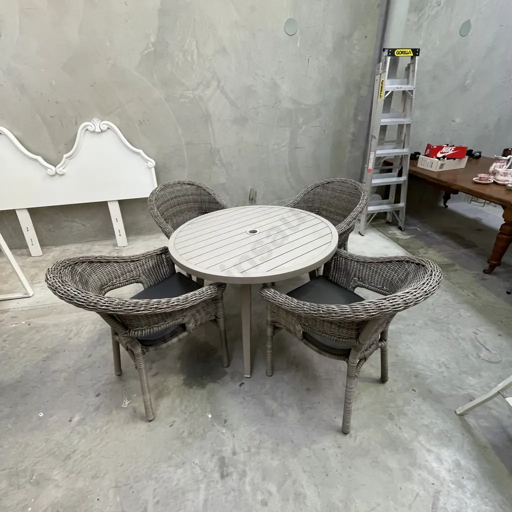 5 Piece Outdoor/Patio Setting. Grey Cane Chairs with squabs. Grey Metal Round Table Dia102cm H73cm Image 1++