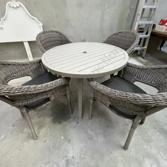 5 Piece Outdoor/Patio Setting. Grey Cane Chairs with squabs. Grey Metal Round Table Dia102cm H73cm