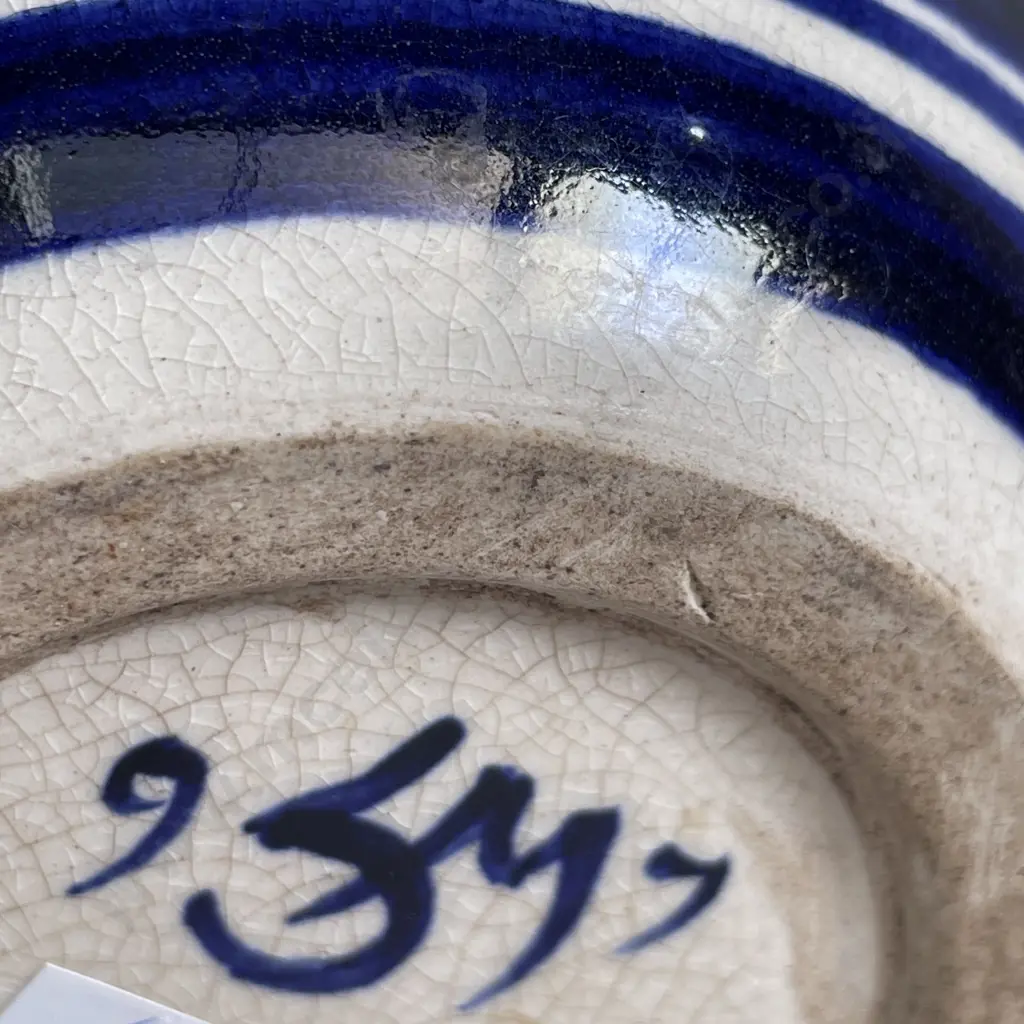 Vintage Handpainted and Signed Flow Blue and White Art Pottery Vase H14cm Image 1++