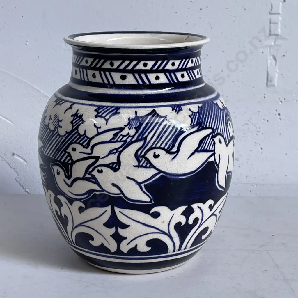 Vintage Handpainted and Signed Flow Blue and White Art Pottery Vase H14cm Image 1++