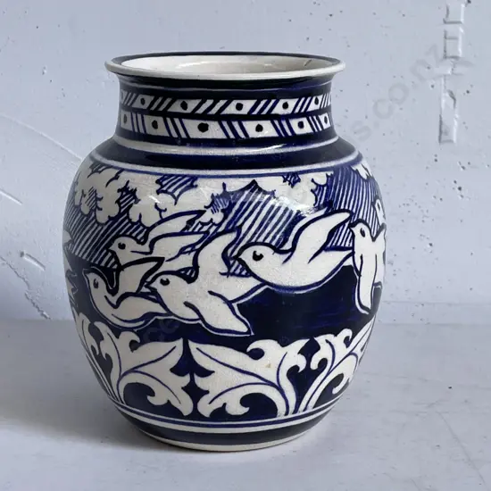 Vintage Handpainted and Signed Flow Blue and White Art Pottery Vase H14cm