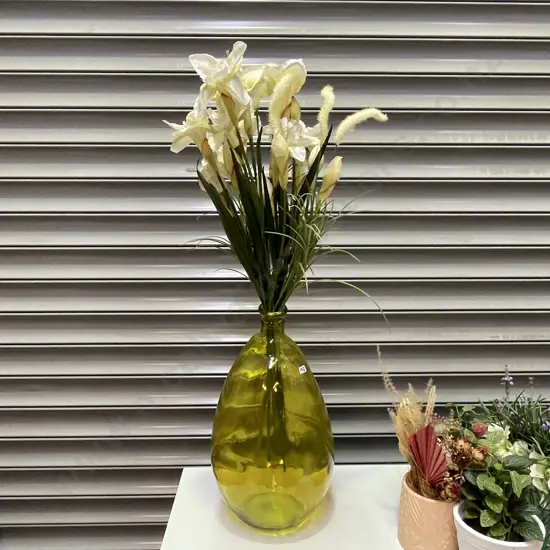 Large Modernist Organic Form Irresdescent Vase with faux flowers 
