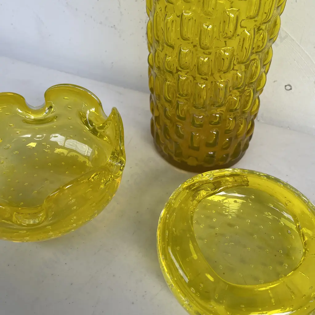 Vintage Art Glass items including bubble glass ashtrays/dishes and relief vase H20cm Image 1++