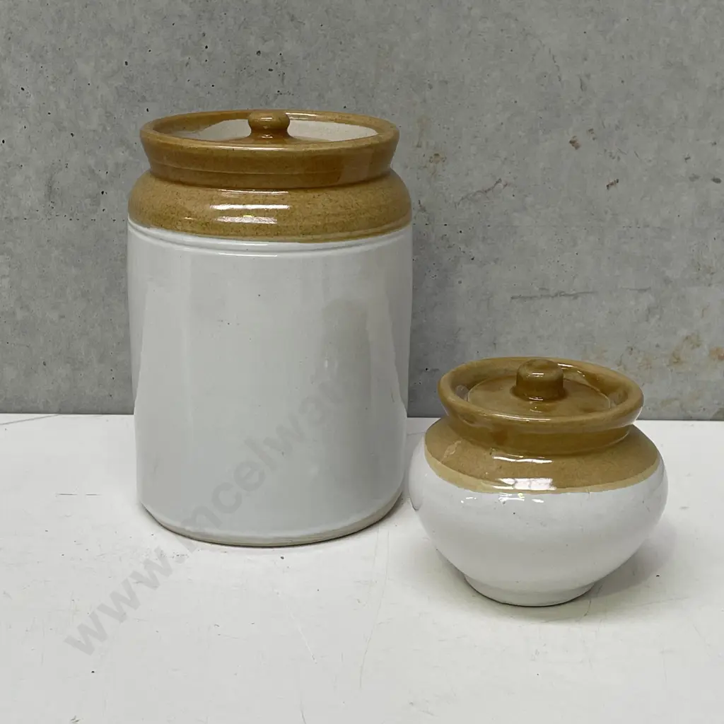 2 Stoneware Lidded Cannisters Image 1++