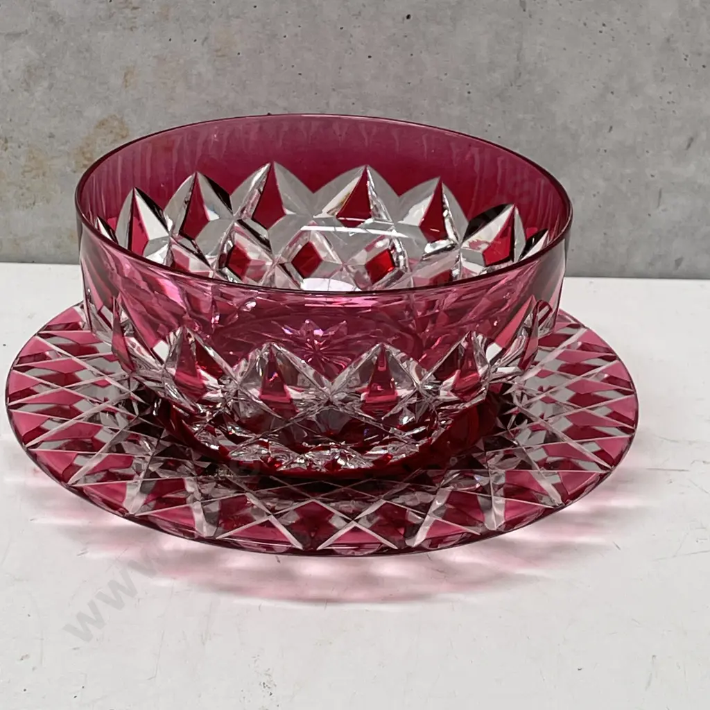 Vintage Crystal Bowl with Plate. Deep diamond cut. Image 1++