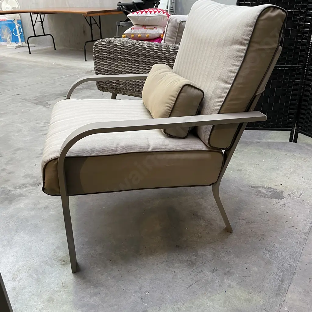 Five Piece Outdoor/Patio Setting - Central Fire Pit & ceramic tile top. Sand coloued Metal frame & striped fabric squabs Image 1++