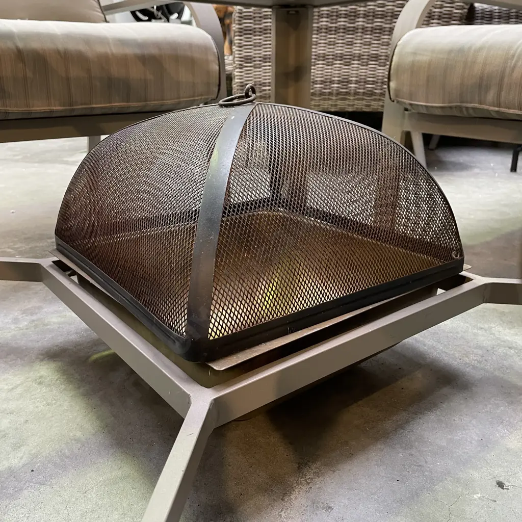 Five Piece Outdoor/Patio Setting - Central Fire Pit & ceramic tile top. Sand coloued Metal frame & striped fabric squabs Image 1++