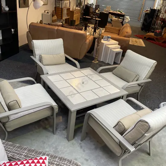 Five Piece Outdoor/Patio Setting - Central Fire Pit & ceramic tile top. Sand coloued Metal frame & striped fabric squabs