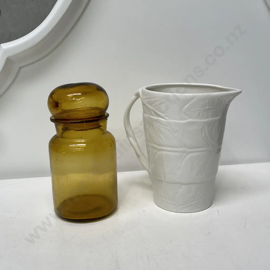 White Painted Relief Pitcher with Amber Glass Cannister Image 1++