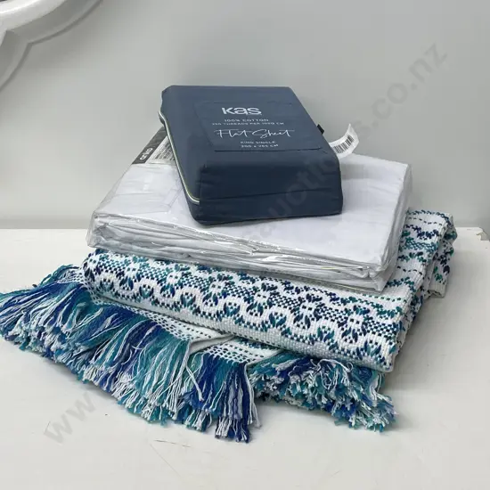 Designer Throw, New Queen fitted sheet and new Kas King Single Flat Sheet