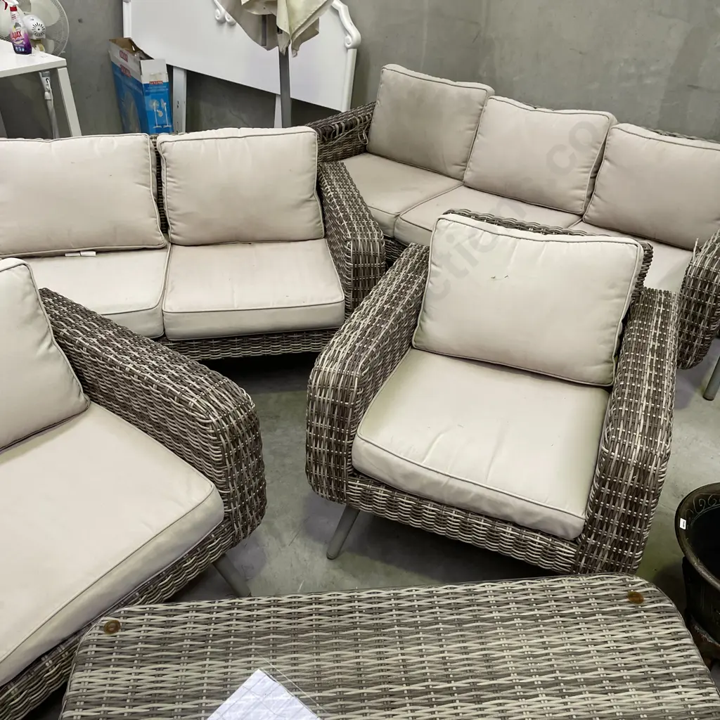 Almalfi Wicker Outdoor Setting with 2 umbrellas and one stand. 2 x 3 seaters, 2 armchairs, 1 glass top table Image 1++