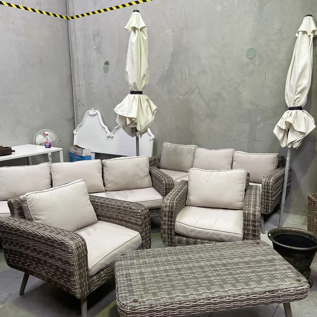 Almalfi Wicker Outdoor Setting with 2 umbrellas and one stand. 2 x 3 seaters, 2 armchairs, 1 glass top table Image 1++